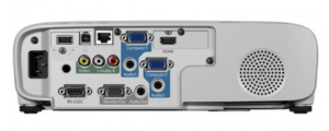 Rear view of Epson EB-X49 projector displaying HDMI, VGA, and USB connections