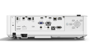 Epson EB-L630SU projector’s rear view showing HDMI, HDBaseT, and wireless connectivity options.