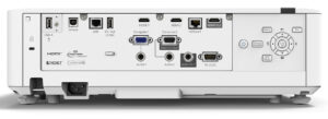 Rear connections of the Epson EBL730u projector showing HDMI, HDBaseT, USB, and power ports.