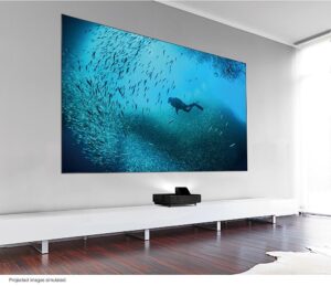 A high-end home cinema projector setup with a large screen.