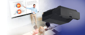 Epson EB-775F projector installed in a classroom, projecting bright visuals.