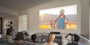 Epson EH-LS800B projector displayed in a modern home theater setup, delivering 4K visuals on a large screen.