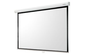 Affordable projection setup featuring a Grandview motorized screen in a budget boardroom