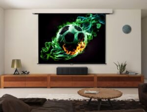 JK HD Home Theatre Electric Screen in a stylish living room.