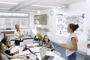 Epson EB-770Fi ultra-short throw projector in a classroom setting.
