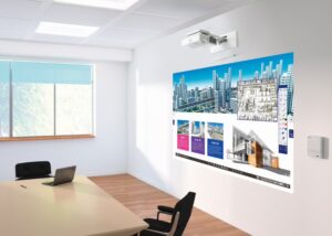 Large screen display capability of the Epson EB-770Fi ultra-short throw projector.