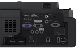 Connectivity ports on the Epson EB-775F ultra-short throw projector.