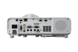 Side-mounted connectivity panel of the Epson EB-L210SF in a boardroom setup.