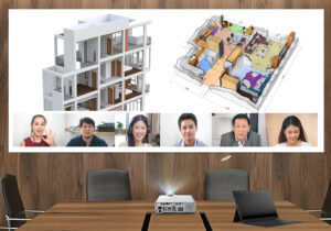 pson EB-L210SF projector displaying a presentation in a modern boardroom.